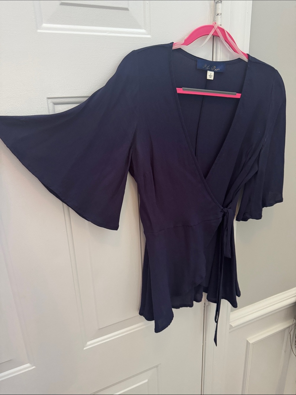 Deep Navy Wrap Top with Flared Sleeves